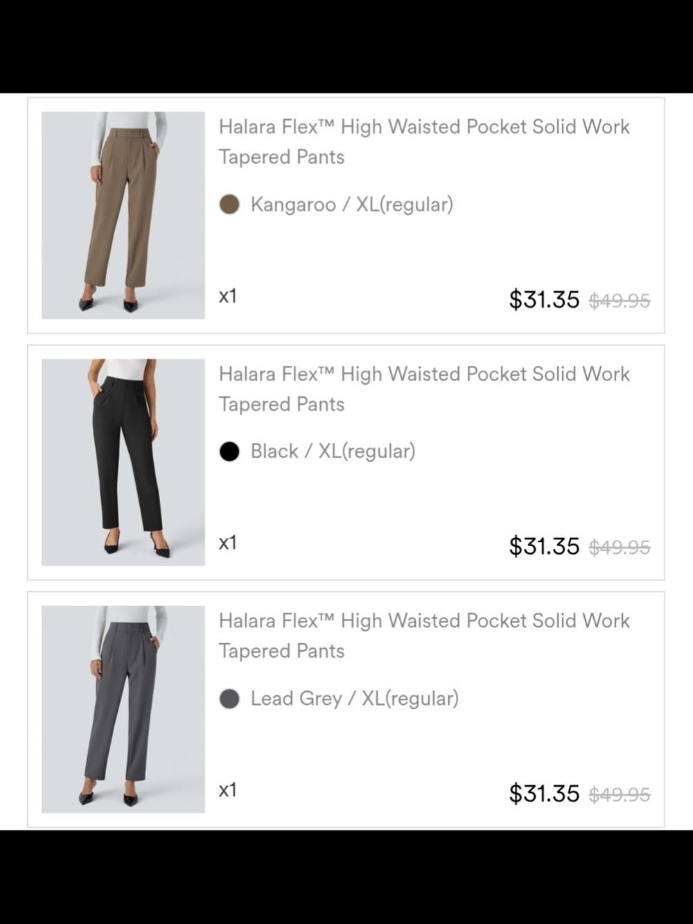 3 Pair HALARA High-Waisted Tapered Work Pants — Kangaroo, Black, Lead Grey